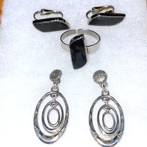 Vintage Faux Onyx & Silver-tone Earrings & Ring Set, Patterned Pierced Hoops